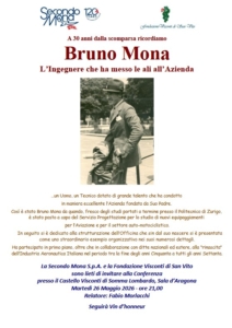 Event flyer commemorating Bruno Mona, an innovative engineer, for his contributions to the aviation industry.