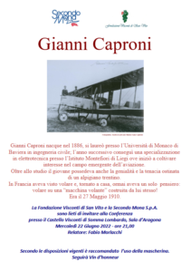 Historic photo of Gianni Caproni, aviation pioneer, with his early flying machine. Event details included.