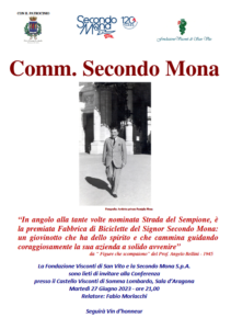 Alt text: Event poster honoring Comm. Secondo Mona, featuring a historical photo and details of a conference invitation.
